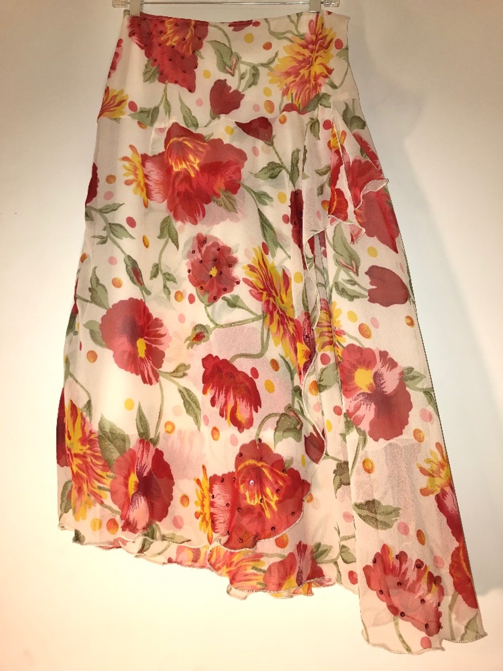 NWT Vintage Y2K Lotus  Red Floral Flower Sequin Accent Ruffle Asym Skirt Cream M